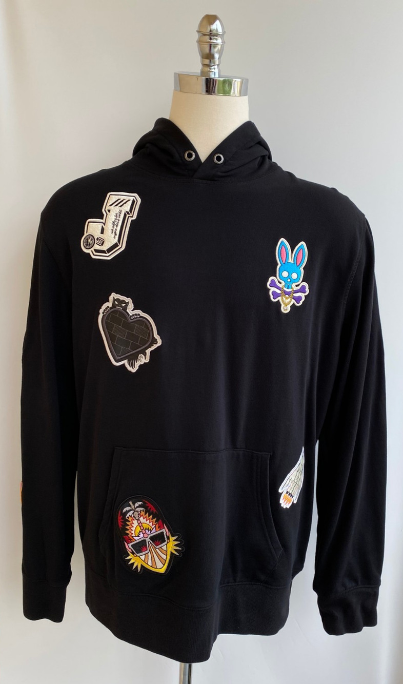 Psycho Bunny Pullover Hoodie Mens 2XL Black Skull Bunny Embroidered Logo Patches